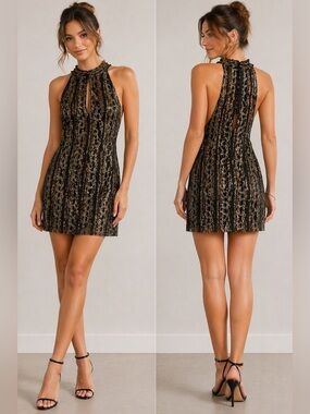 Free People Black Gold Lace Mini Dress XS Boho Party Glam Night Out Date Sexy